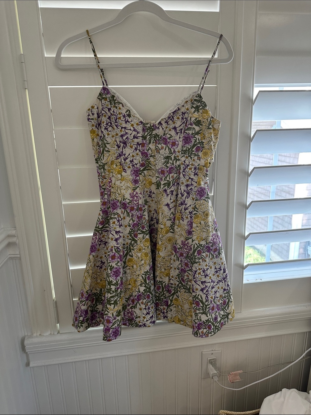 Maeve Floral Spaghetti-Strap Mini Dress in White, Purple & Yellow